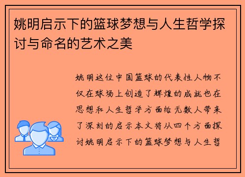 姚明启示下的篮球梦想与人生哲学探讨与命名的艺术之美